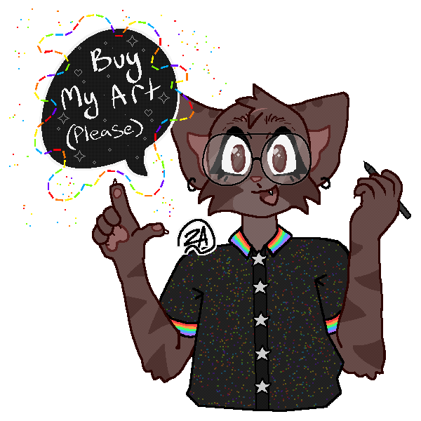 A bust shot of brown taby cat furry character in a black button down shirt that has rainbow accents. The character has a bouncing speech bubble adorned with rainbows that says "Buy My Art (Please)"